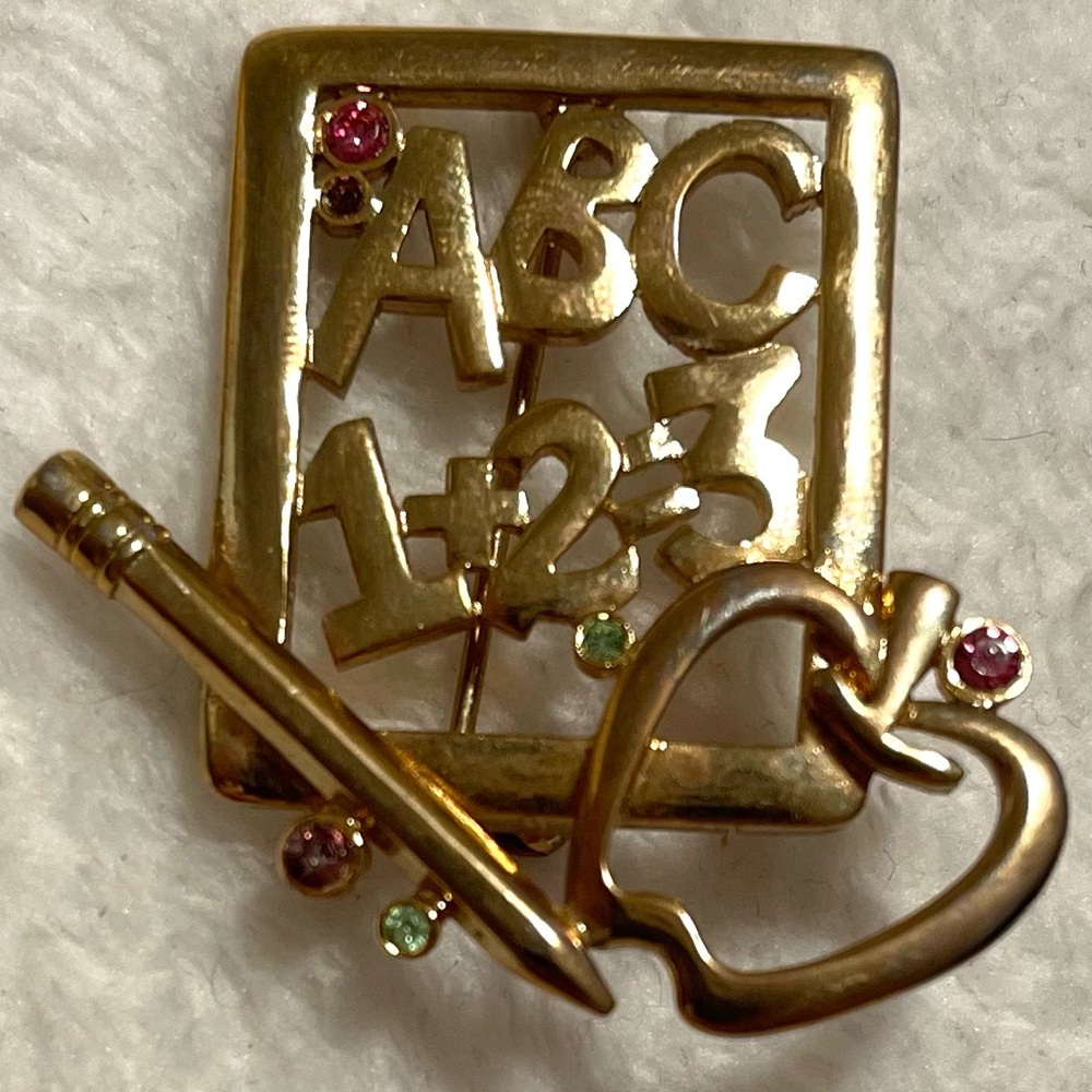 Vintage LIA - ABC 123 Teacher Brooch-Pin With Crystal Accents Gold-Tone